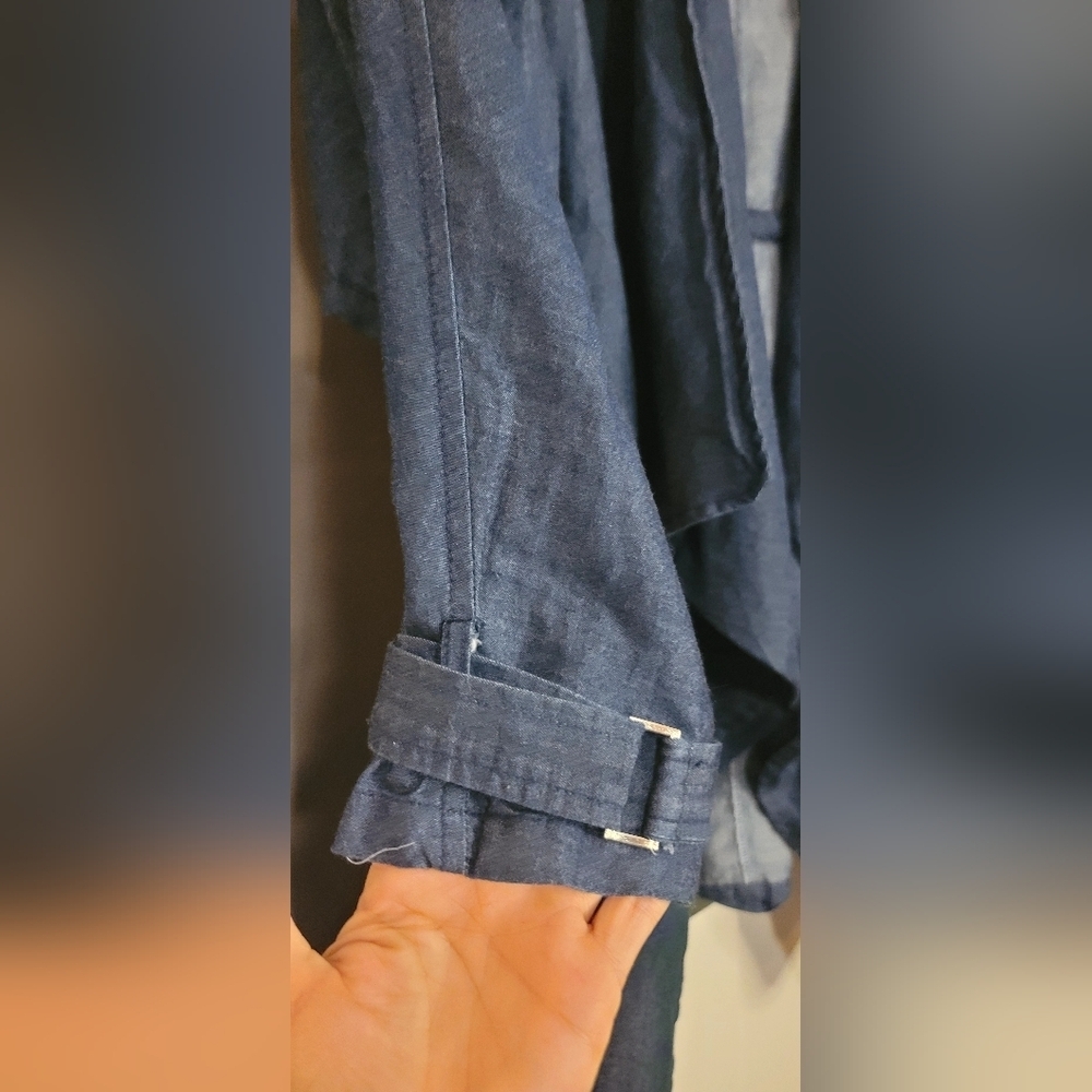100% Cotton 1 Sunset Lane Womens Blue Denim Long Open Front Jacket Sz Med - Picture 4 of 13